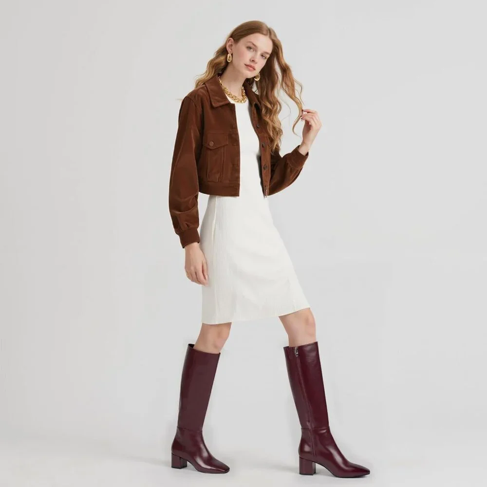 Women's Burgundy Knee High Boots Square Toe Tall Chunky Heel Rubber